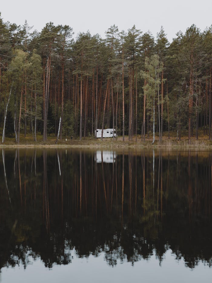 Camper van amidst a tranquil forest by a lake reflecting trees and sky in Lithuania.